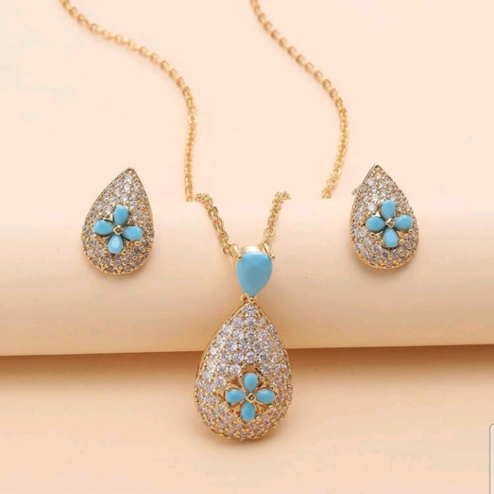 Three-piece Drop-shaped Blue Turquoise 18k Gold-plated Earrings And Necklace Set